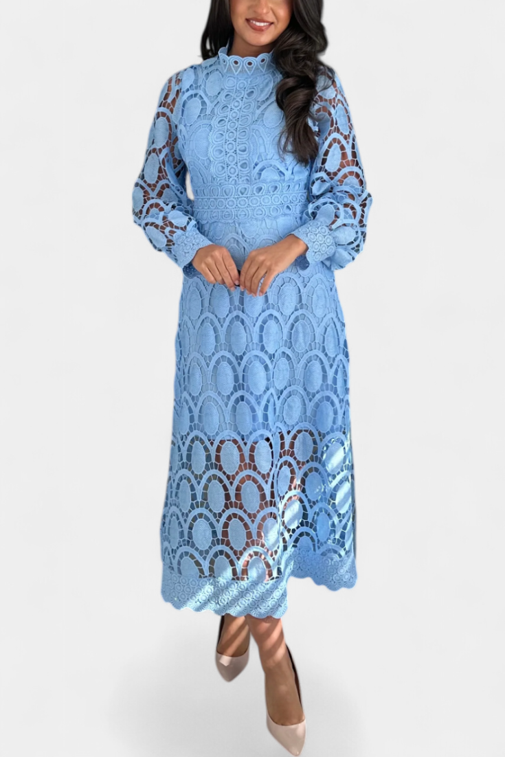 Jovie Vestido Midi de Encaje con Bordado y Cuello Alto