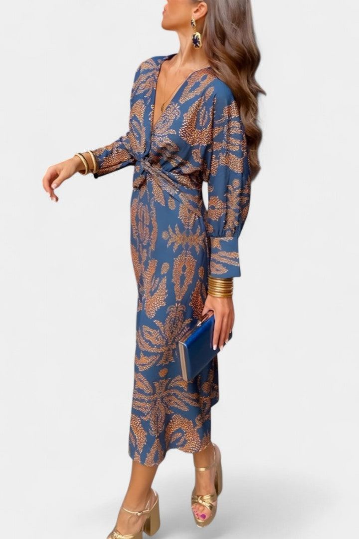 Vestido Maxi Elara con Escote en V y Detalle de Nudo Frontal