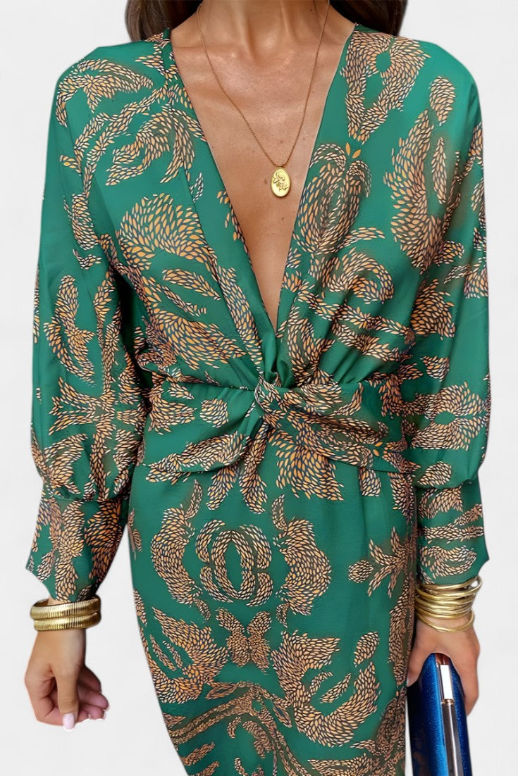 Vestido Maxi Elara con Escote en V y Detalle de Nudo Frontal