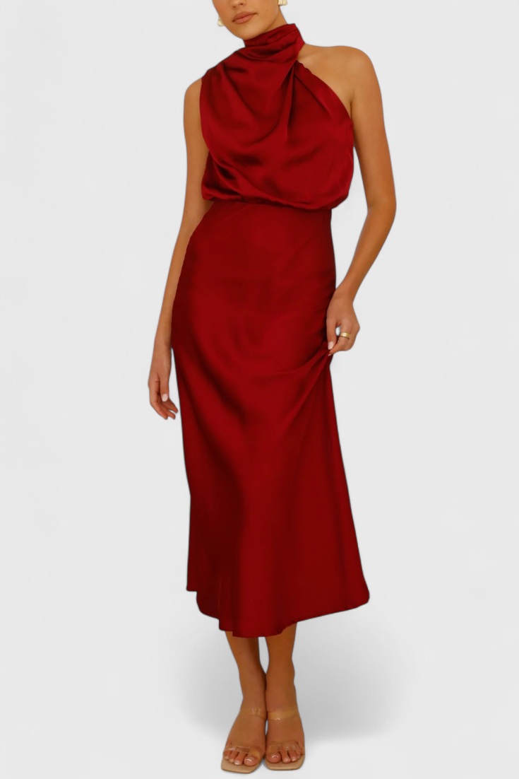 Vestido Elegante Rina con Cuello Halter y Drapeado