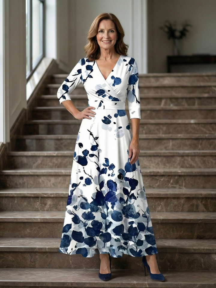 Celeste™ | Vestido Midi Floral con Escote Cruzado y Mangas Tres Cuartos