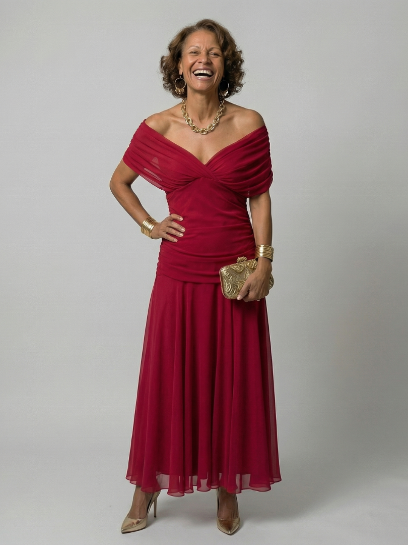 Calena™ | Vestido Midi Off-Shoulder con Escote Drapé