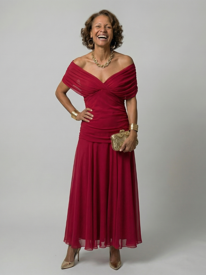 Calena™ | Vestido Midi Off-Shoulder con Escote Drapé