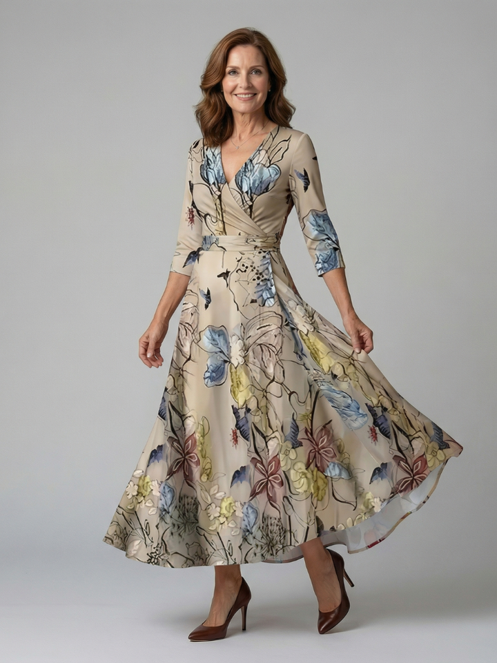 Celeste™ | Vestido Midi Floral con Escote Cruzado y Mangas Tres Cuartos