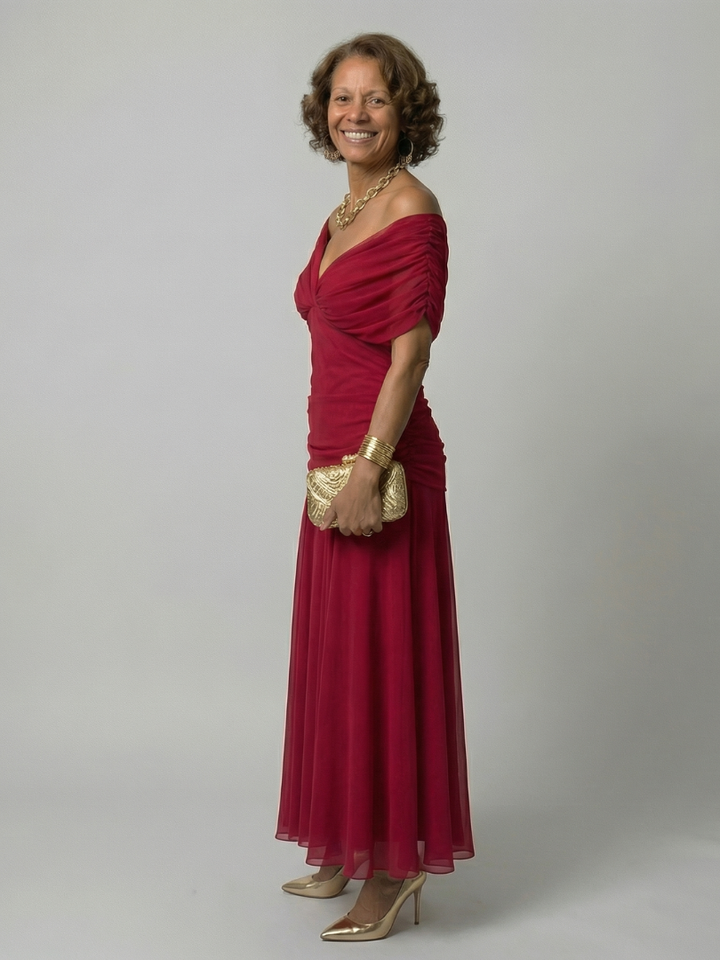 Calena™ | Vestido Midi Off-Shoulder con Escote Drapé