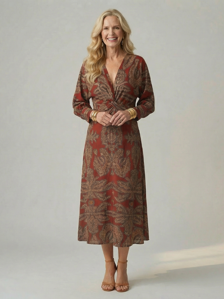 Luna™ | Vestido Midi de Manga Larga Cruzado con Estampado Natural