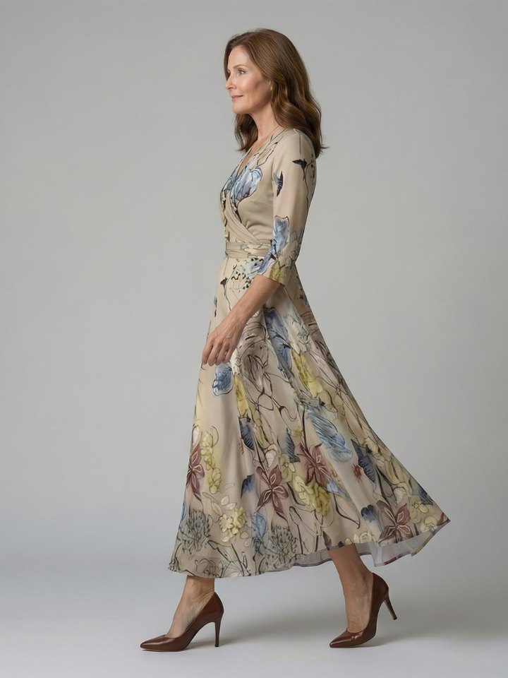 Celeste™ | Vestido Midi Floral con Escote Cruzado y Mangas Tres Cuartos