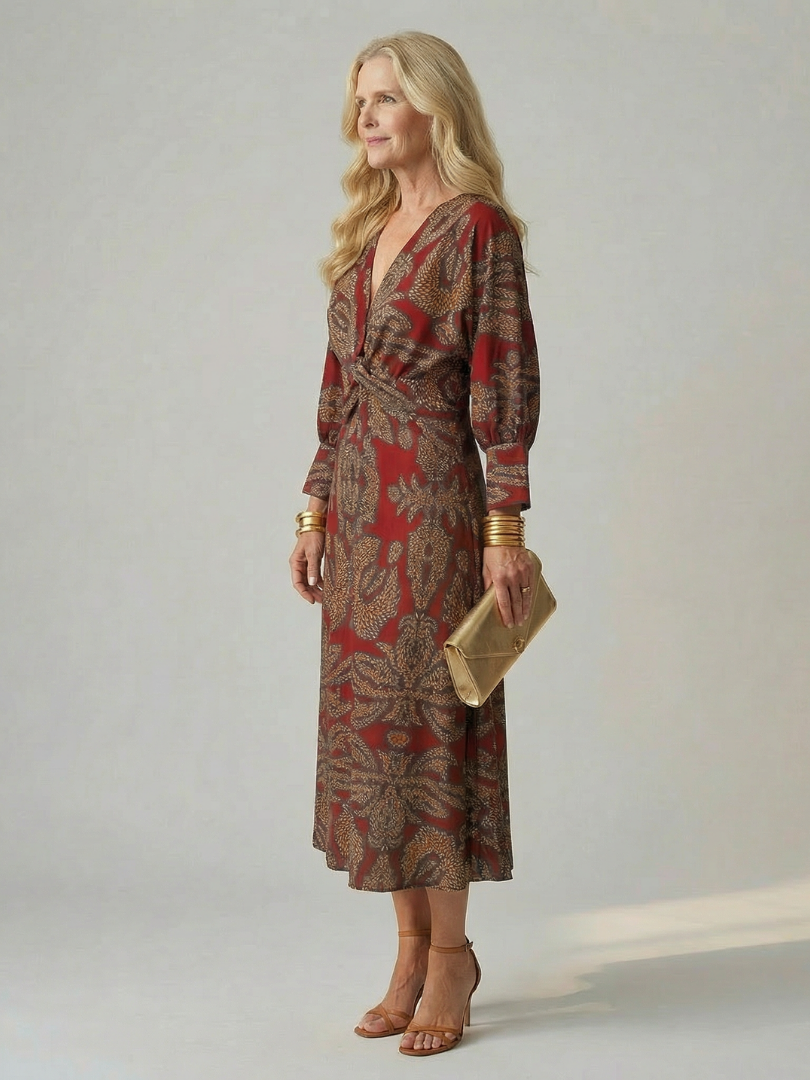 Luna™ | Vestido Midi de Manga Larga Cruzado con Estampado Natural