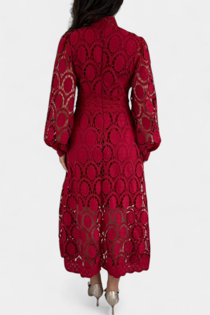 Jovie Vestido Midi de Encaje con Bordado y Cuello Alto