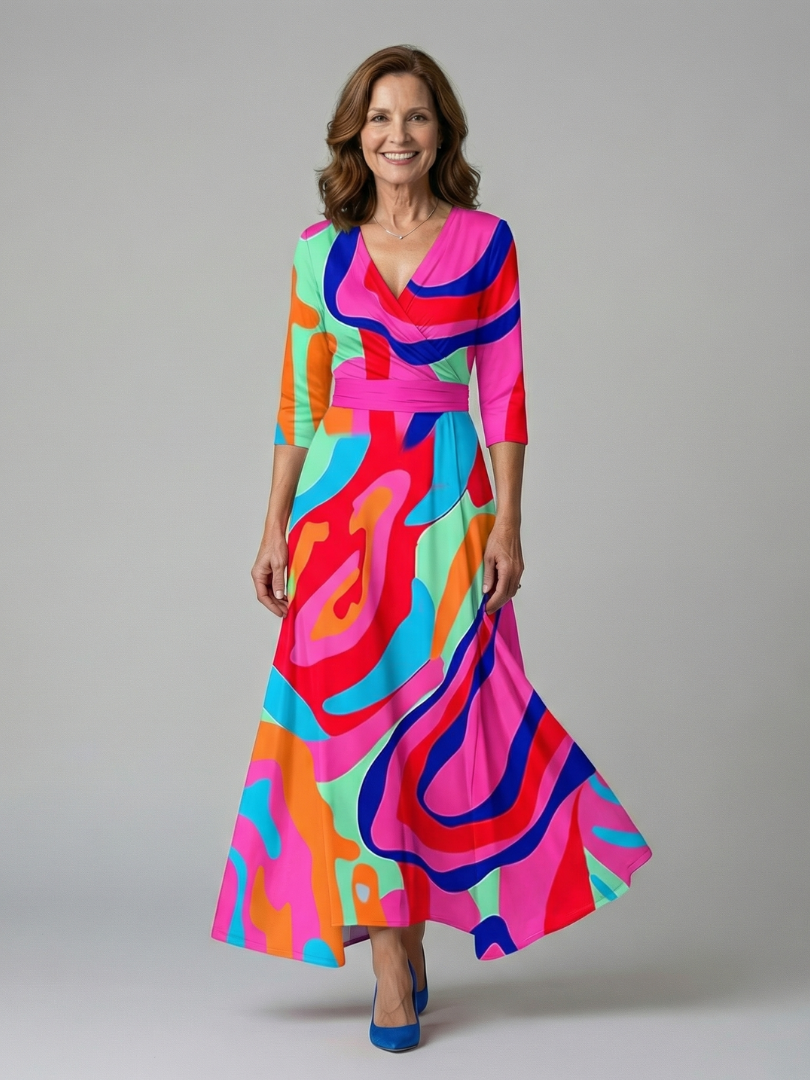 Celeste™ | Vestido Midi Floral con Escote Cruzado y Mangas Tres Cuartos