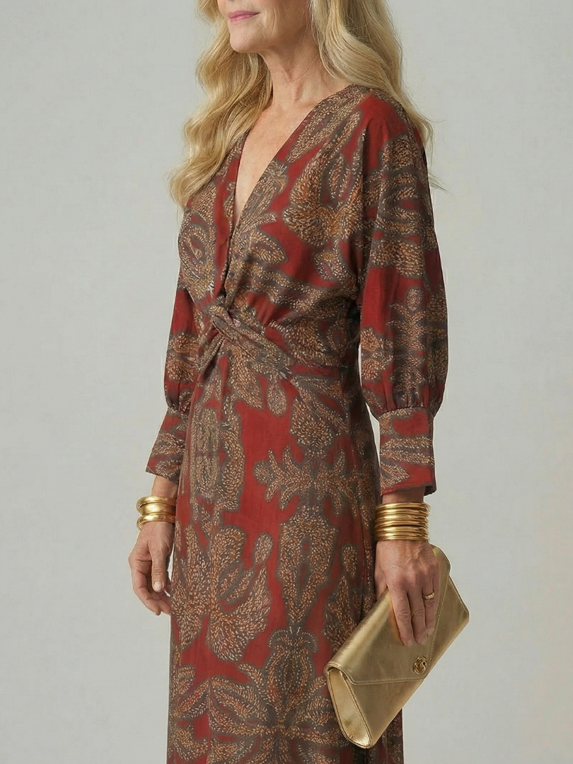 Luna™ | Vestido Midi de Manga Larga Cruzado con Estampado Natural