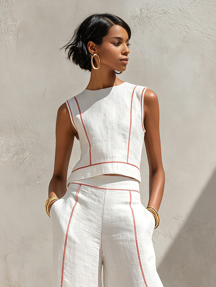 Conjunto Elegante de Pantalón con Detalles de Costuras en Contraste