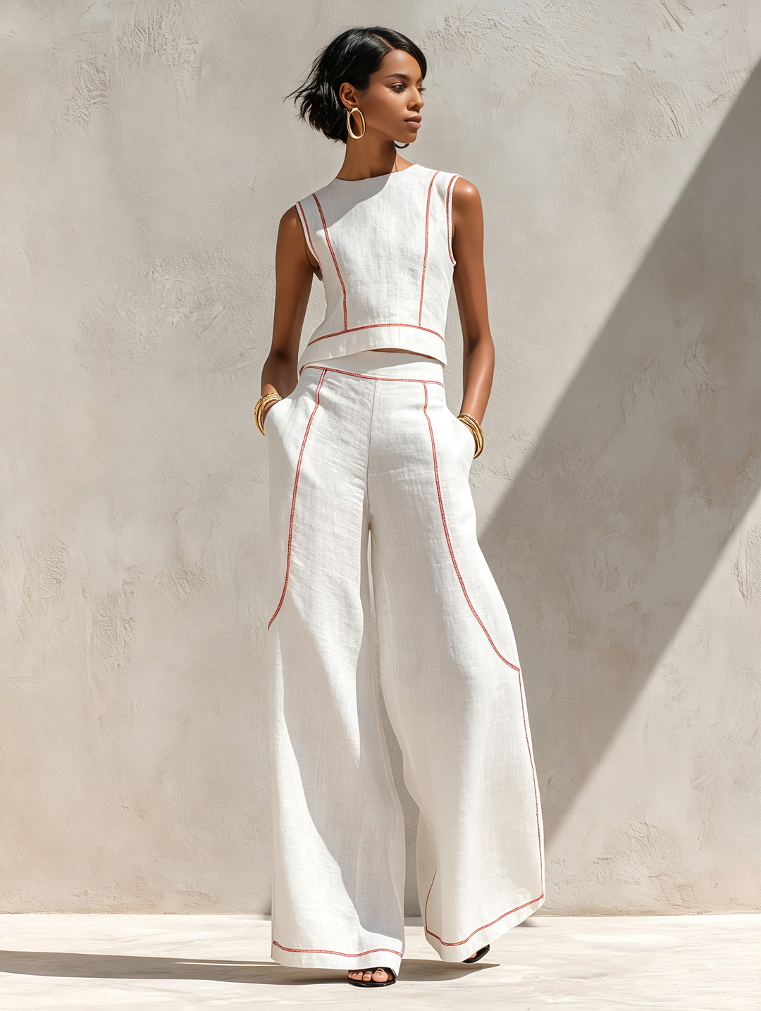 Conjunto Elegante de Pantalón con Detalles de Costuras en Contraste