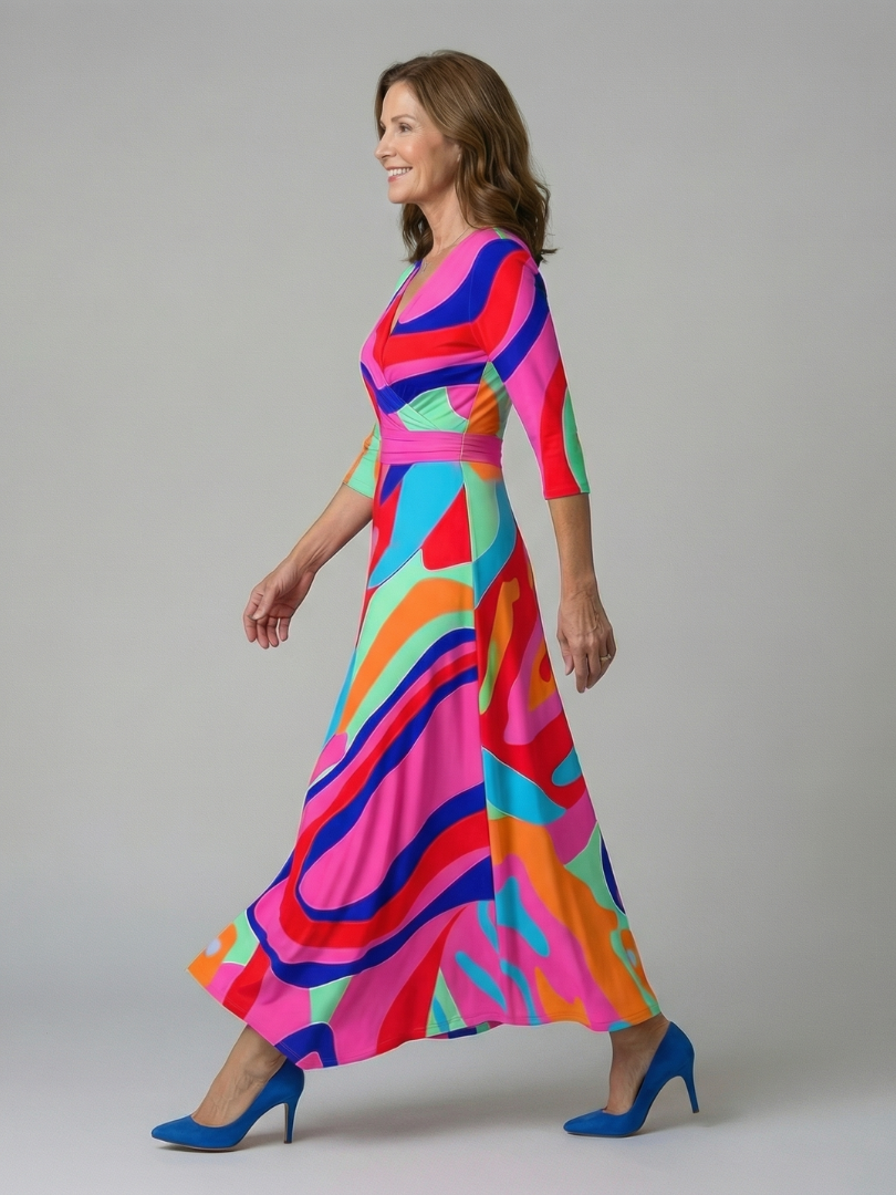 Celeste™ | Vestido Midi Floral con Escote Cruzado y Mangas Tres Cuartos