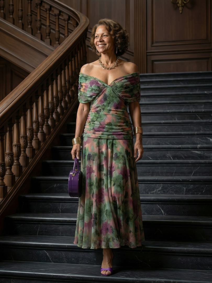 Calena™ | Vestido Midi Off-Shoulder con Escote Drapé