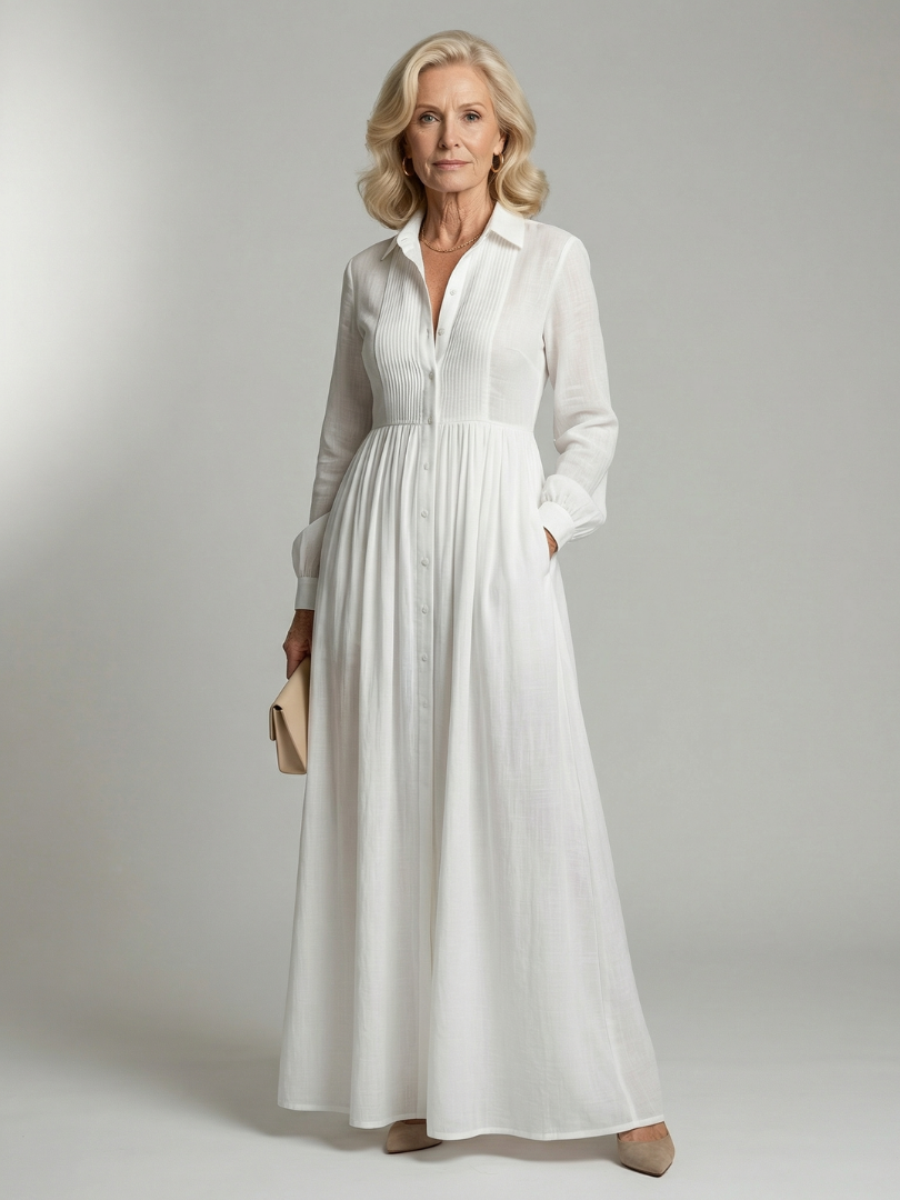 Lorena™ | Vestido Maxi Blanco de Manga Larga con Botones y Bolsillos" 

Rewritten: "Lorena™ | Vestido Largo Blanco de Manga Larga con Botones y Bolsillos