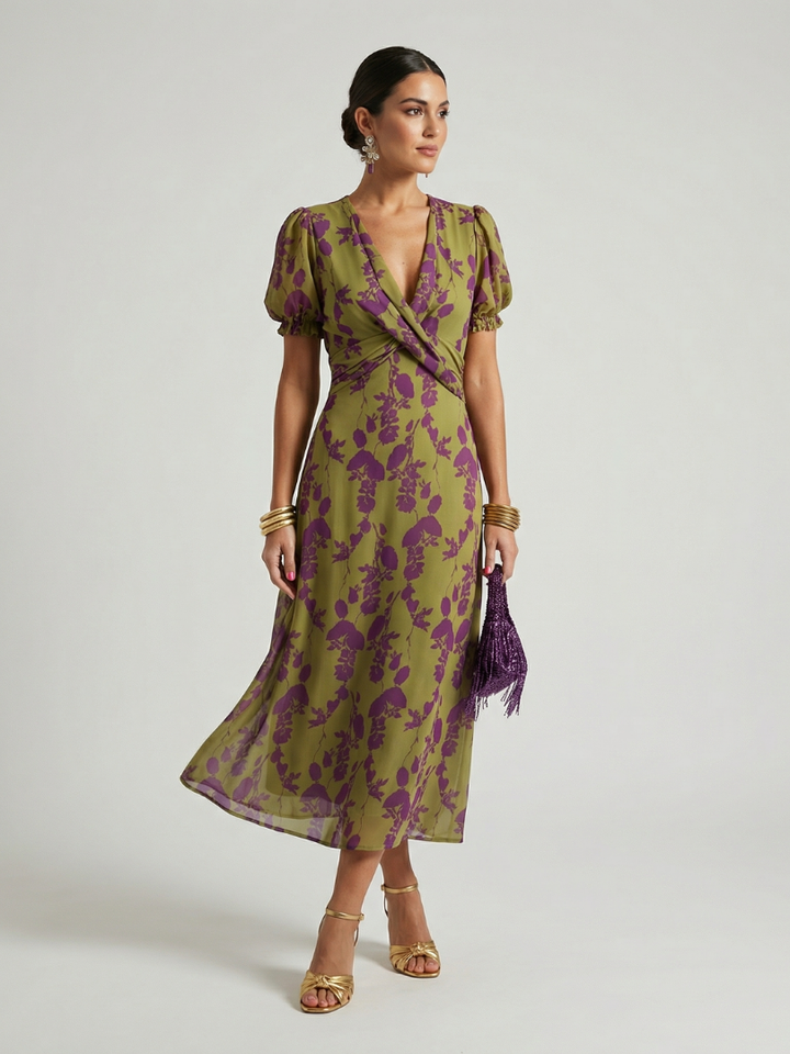 Virena™ | Vestido Midi Floral con Cruzado y Manga Corta