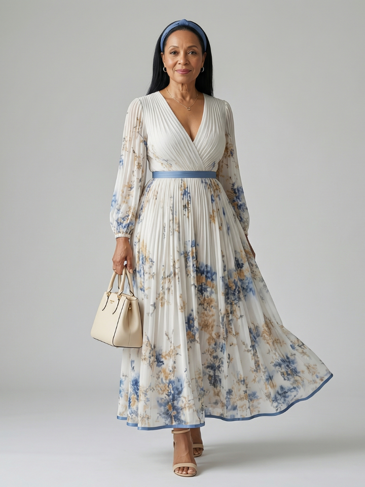 Riana™ | Vestido Midi Floral Cruzado con Falda Plisada y Mangas Largas