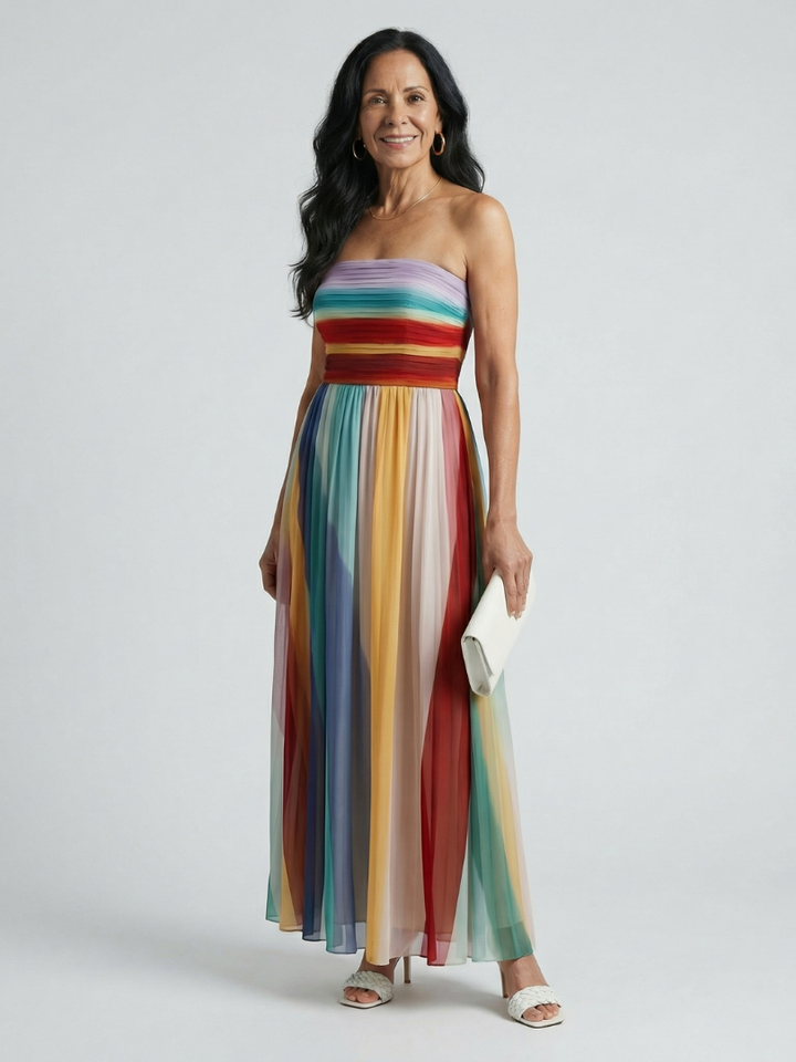 Serena™ | Vestido Maxi Multicolor de Rayas sin Tirantes