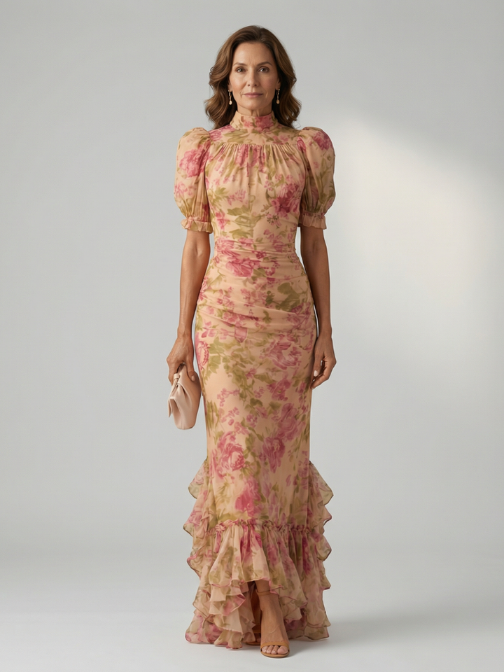 Viviana™ | Vestido Maxi Floral de Cuello Alto y Mangas Abullonadas