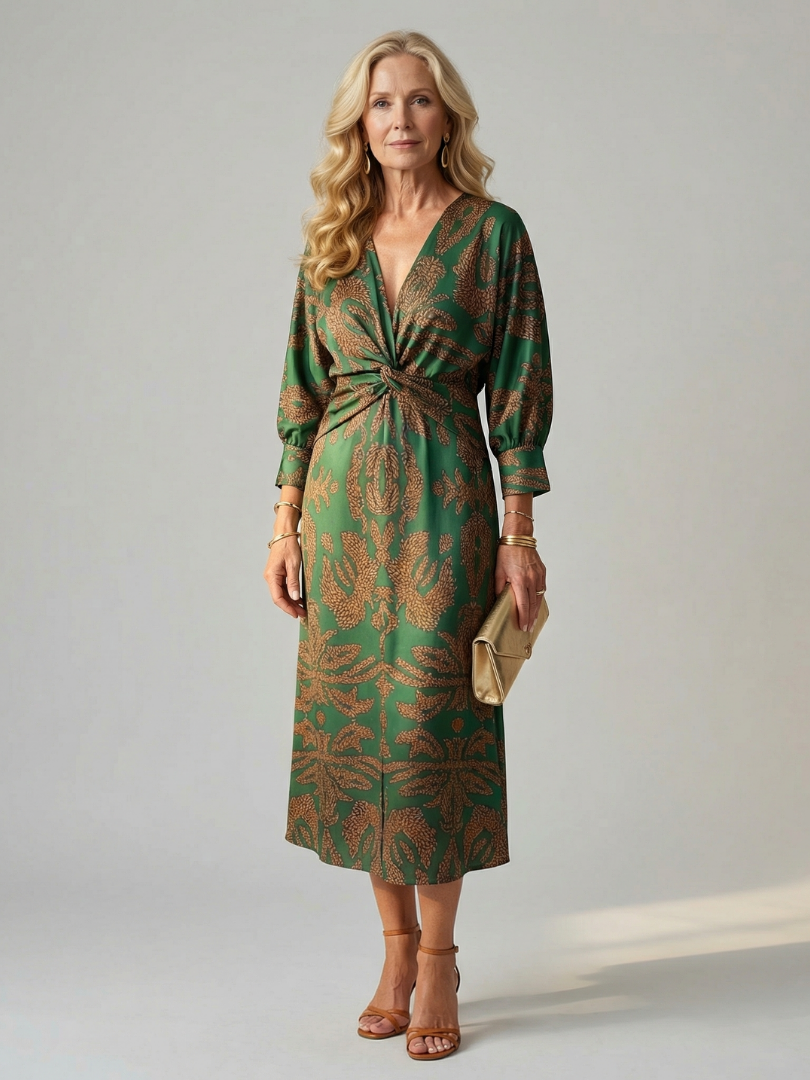Luna™ | Vestido Midi de Manga Larga Cruzado con Estampado Natural