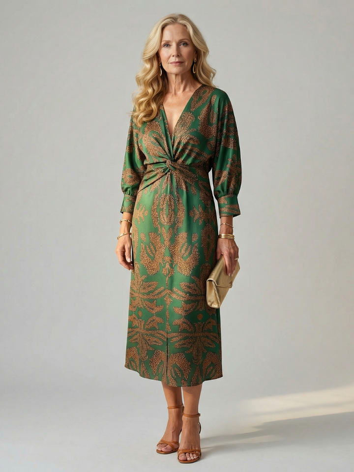 Luna™ | Vestido Midi de Manga Larga Cruzado con Estampado Natural