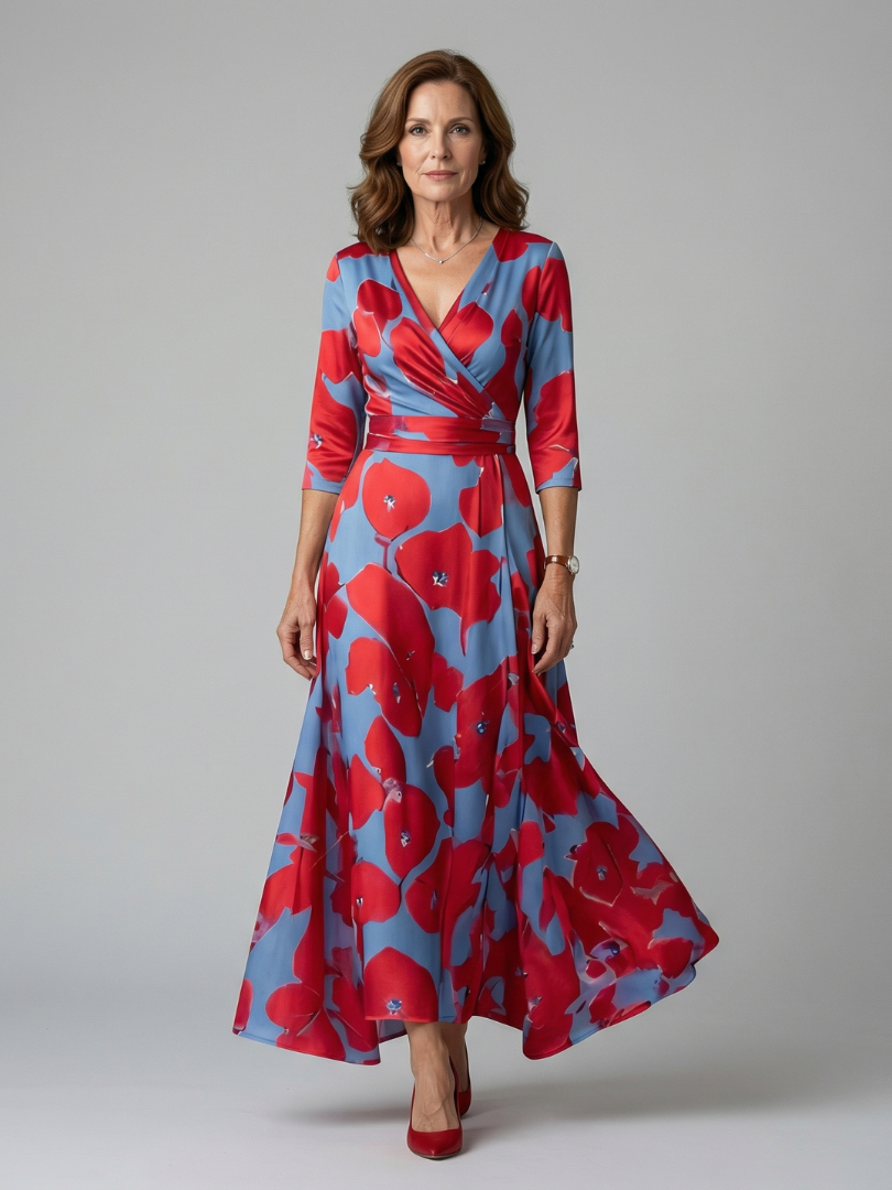 Celeste™ | Vestido Midi Floral con Escote Cruzado y Mangas Tres Cuartos