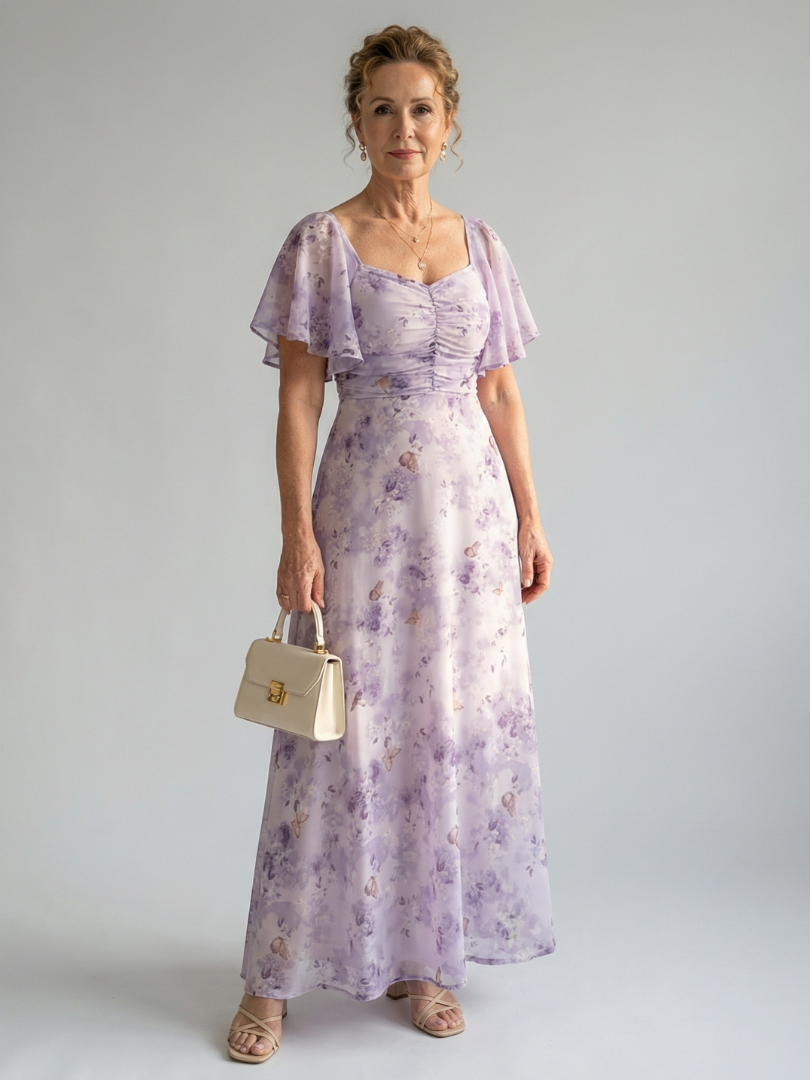 Valentía™ | Vestido Largo Floral con Mangas de Mariposa y Escote Cuadrado