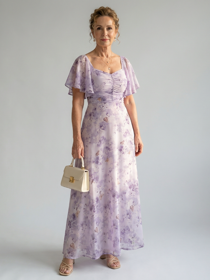 Valentía™ | Vestido Largo Floral con Mangas de Mariposa y Escote Cuadrado