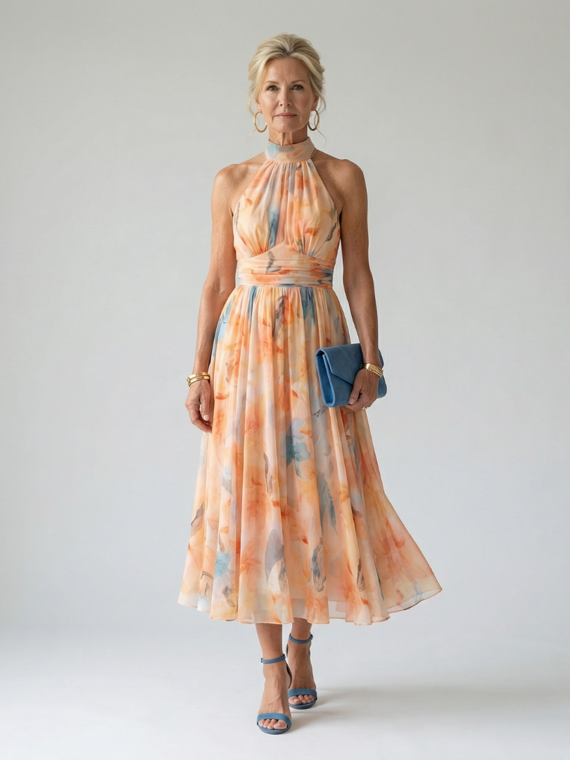 Elina™ | Vestido Midi Halter con Detalles Fruncidos