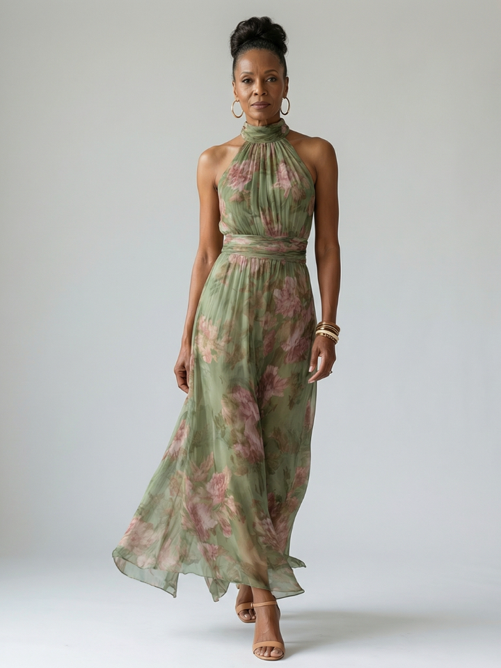 Mirella™ | Vestido Midi Floral Halter con Detalle Fruncido