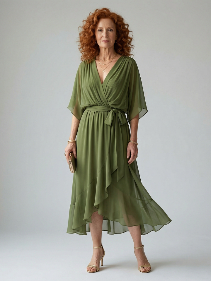 Elvira™ | Vestido Midi con Drapeado, Cinturón y Mangas de Codo