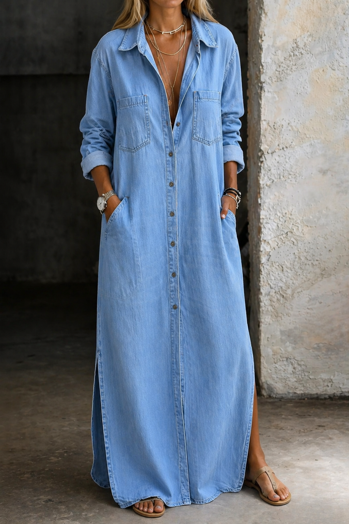 Valeriana™ | Maxi Chemise Dress with Button Detail and Slit