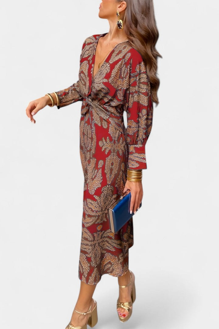 Vestido Maxi Elara con Escote en V y Detalle de Nudo Frontal