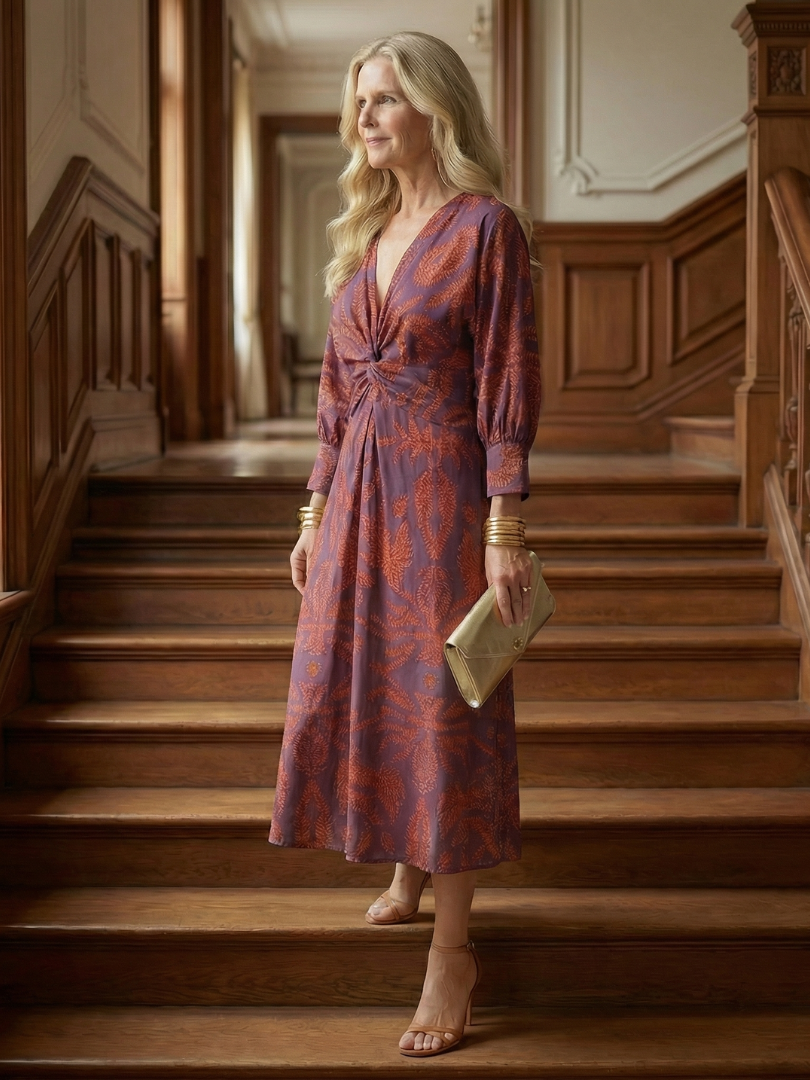 Luna™ | Vestido Midi de Manga Larga Cruzado con Estampado Natural