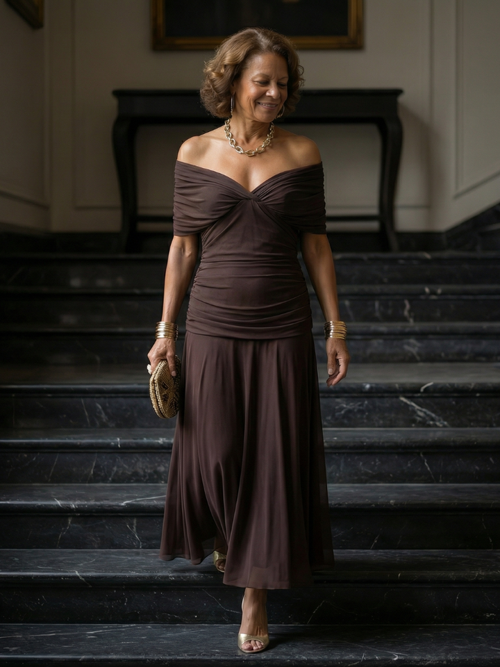 Calena™ | Vestido Midi Off-Shoulder con Escote Drapé