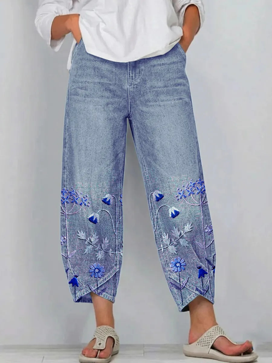 Brígida™ | Pantalones Casual con Detalles de Bordado Floral