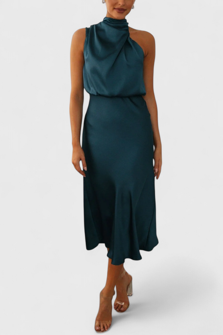 Vestido Elegante Rina con Cuello Halter y Drapeado