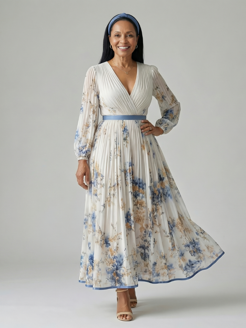 Riana™ | Vestido Midi Floral Cruzado con Falda Plisada y Mangas Largas