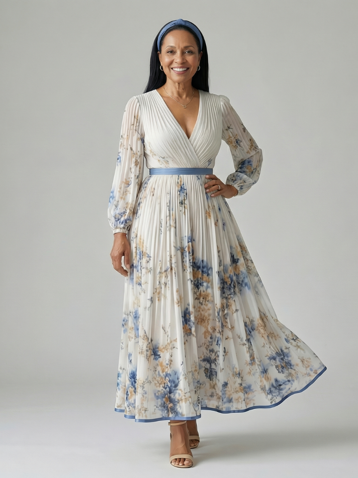 Riana™ | Vestido Midi Floral Cruzado con Falda Plisada y Mangas Largas