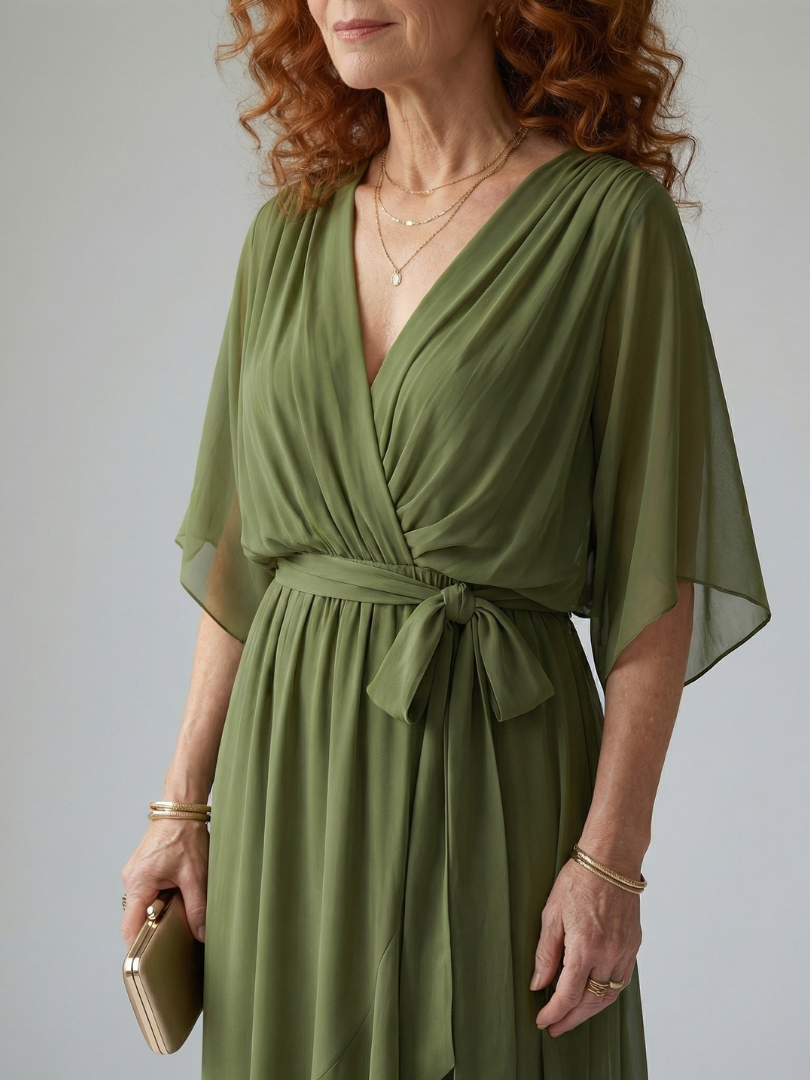 Elvira™ | Vestido Midi con Drapeado, Cinturón y Mangas de Codo