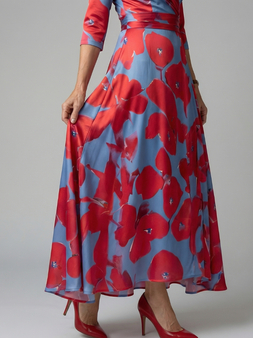 Celeste™ | Vestido Midi Floral con Escote Cruzado y Mangas Tres Cuartos