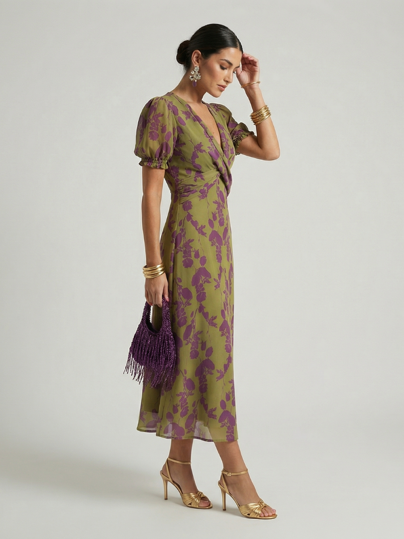 Virena™ | Vestido Midi Floral con Cruzado y Manga Corta
