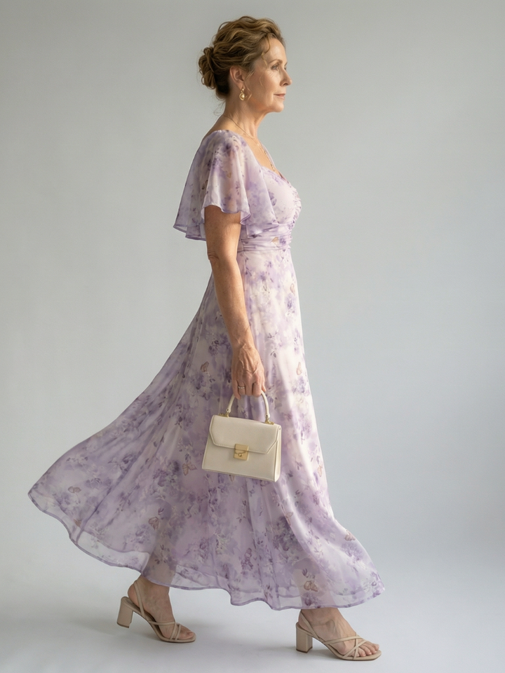 Valentía™ | Vestido Largo Floral con Mangas de Mariposa y Escote Cuadrado