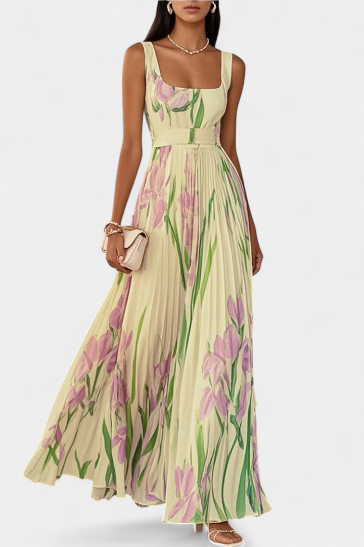 Vestido Largo Plisado Calanthe con Estampado Floral y Escote Cuadrado