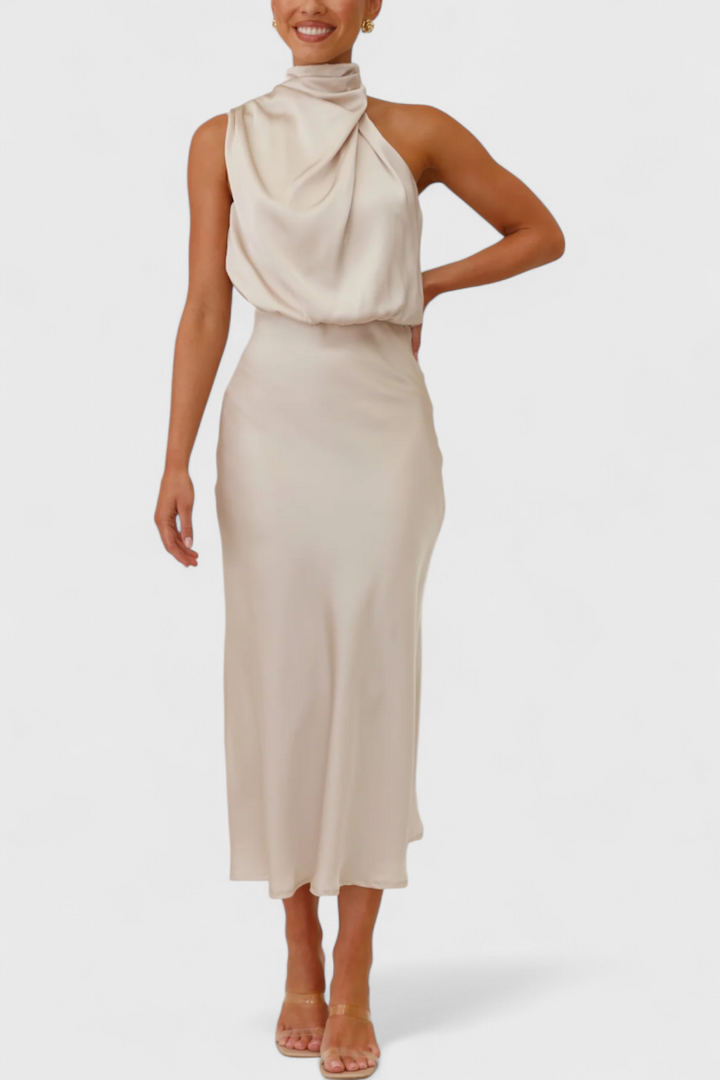 Vestido Elegante Rina con Cuello Halter y Drapeado