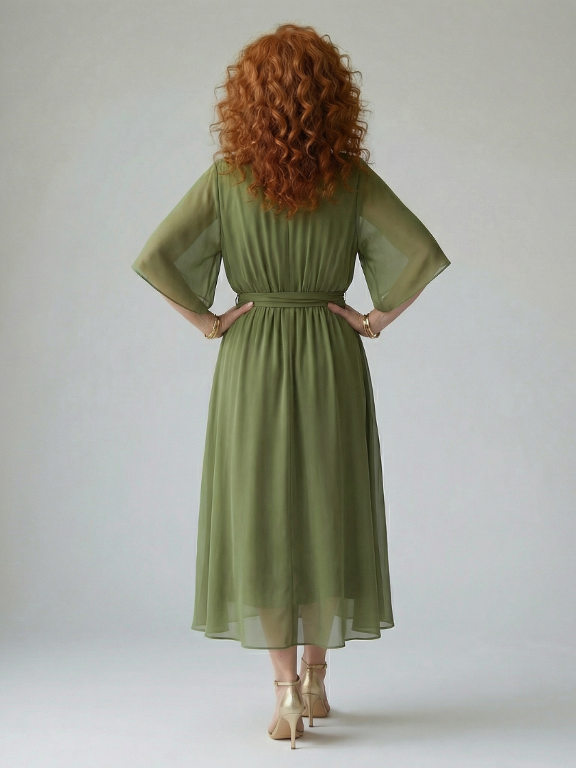Elvira™ | Vestido Midi con Drapeado, Cinturón y Mangas de Codo