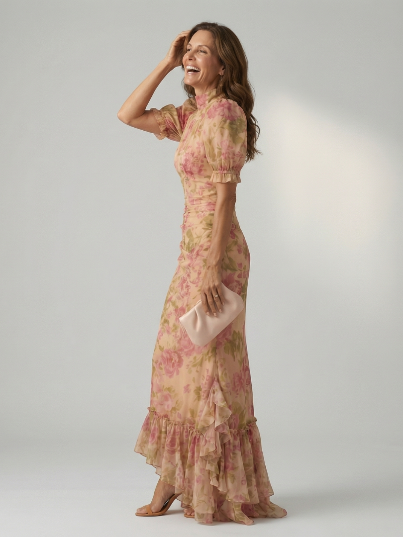 Viviana™ | Vestido Maxi Floral de Cuello Alto y Mangas Abullonadas