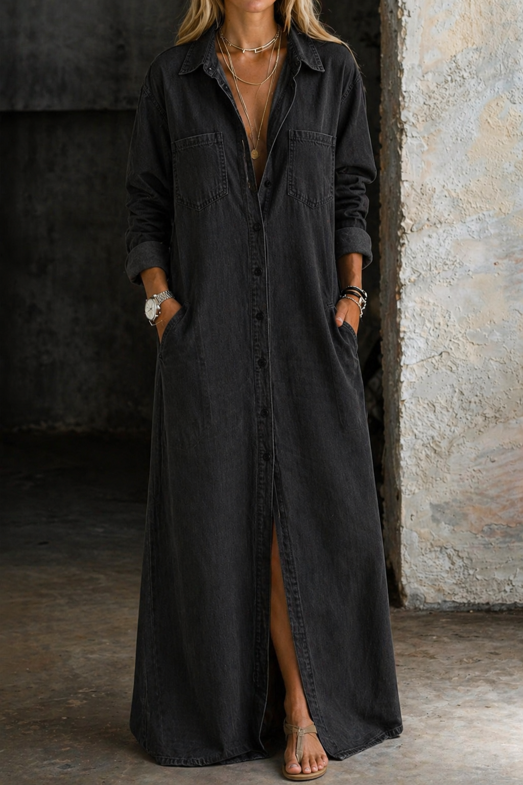 Valeriana™ | Maxi Chemise Dress with Button Detail and Slit