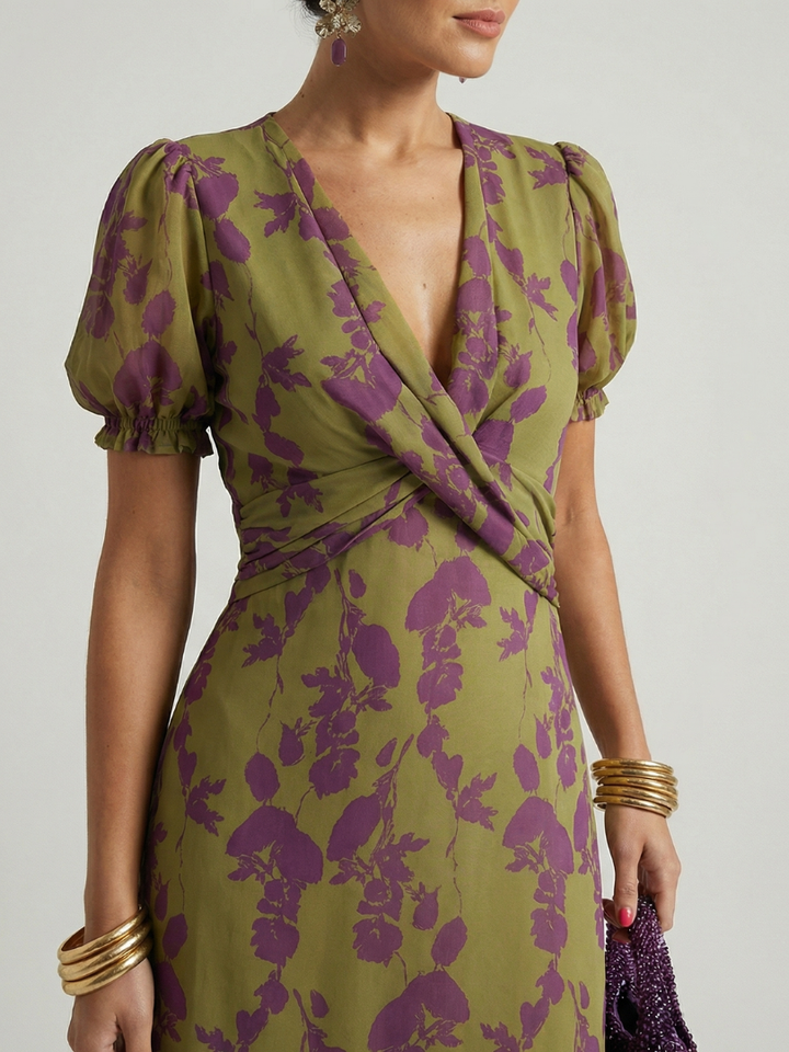 Virena™ | Vestido Midi Floral con Cruzado y Manga Corta